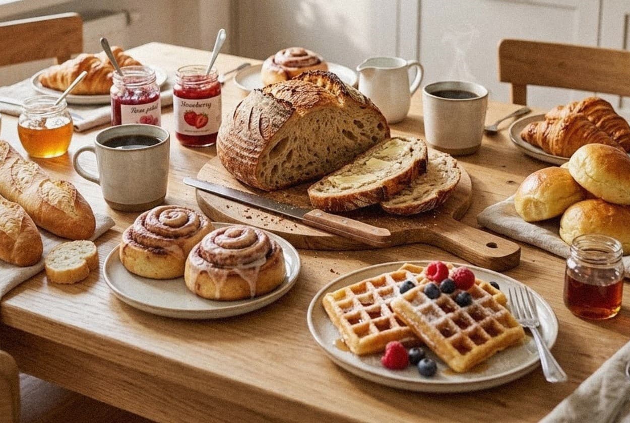 Stół śniadaniowy z wypiekami Żywy: bochenek chleba na zakwasie w przekroju, bagietki, bułki maślane, cynamonki, croissanty, gofry, dżemy, miód i kawa