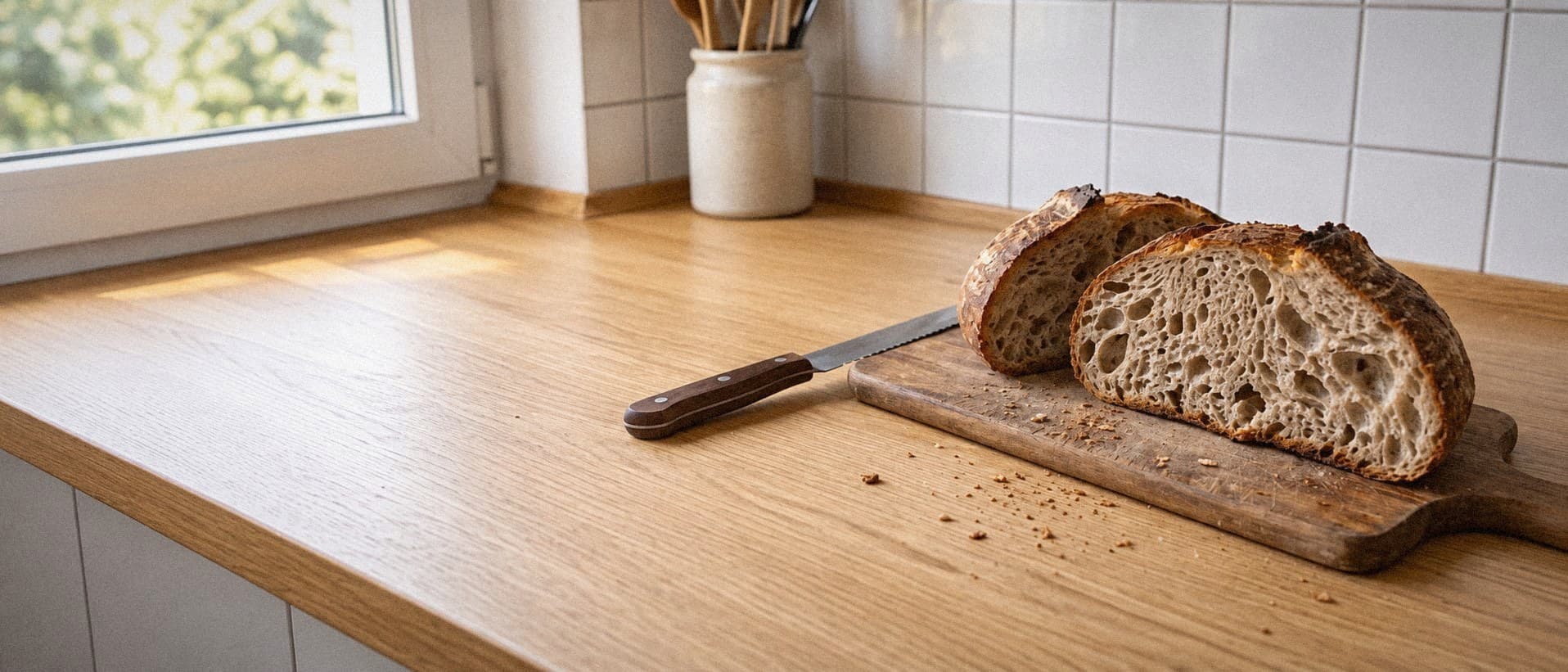 Przekrojony bochenek chleba na zakwasie — otwarty, sprężysty miękisz