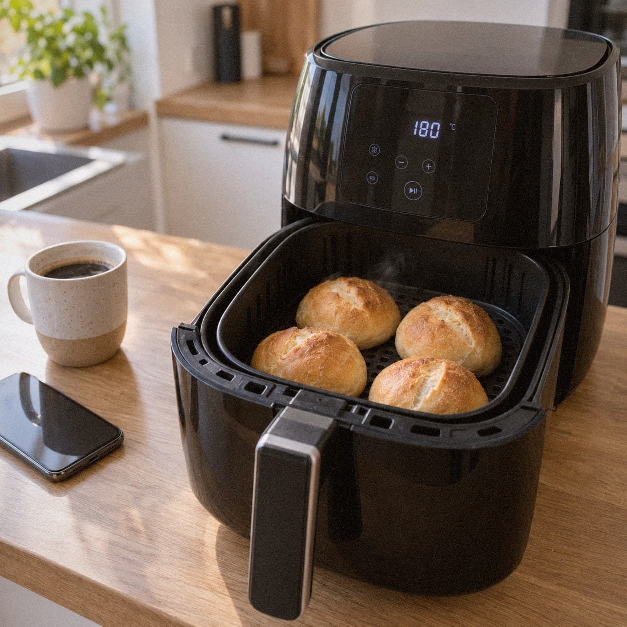Otwarty airfryer z dopiekanymi croissantami w koszu