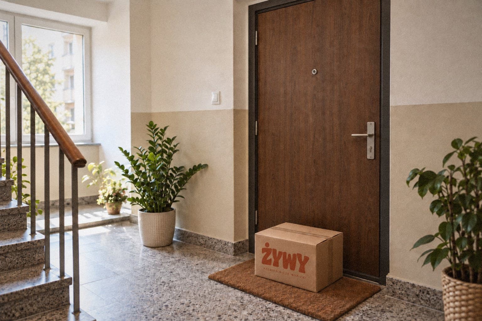 Zamknięty box Żywy stojący pod drzwiami mieszkania