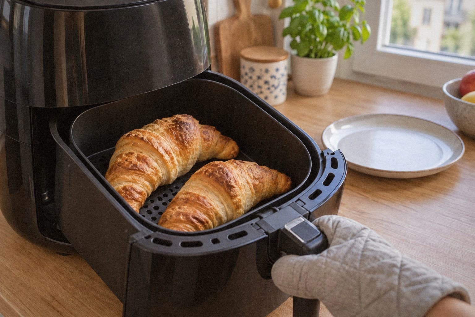 Złoty croissant wyjmowany z kosza airfryera