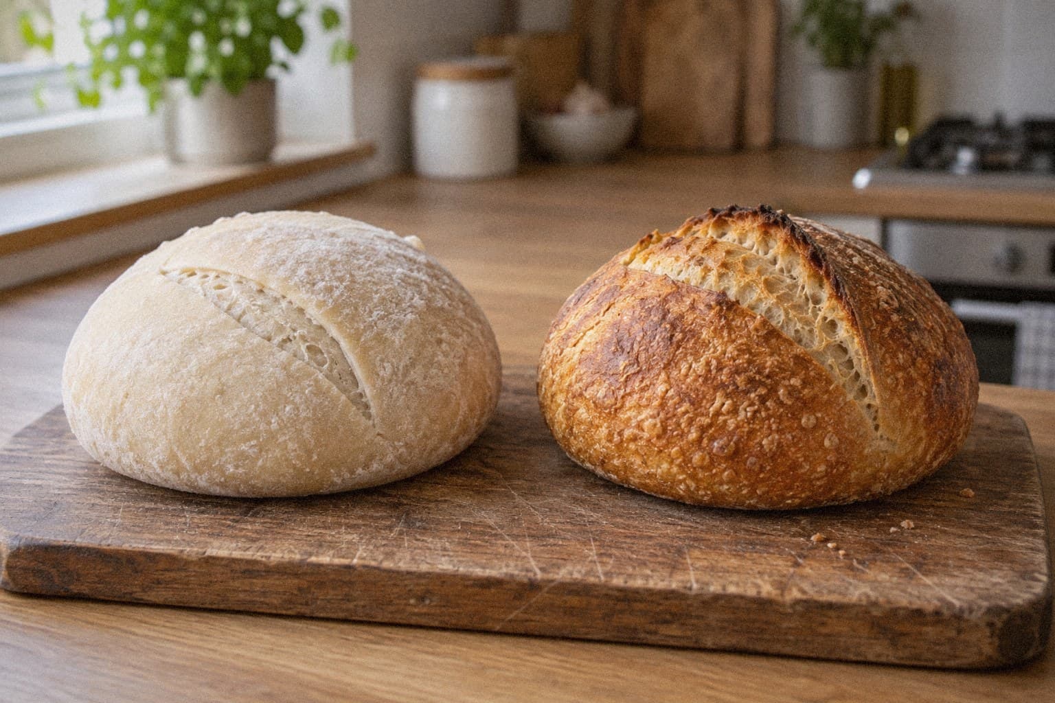 Ten sam wypiek zamrożony obok dopieczonego, na jednej desce