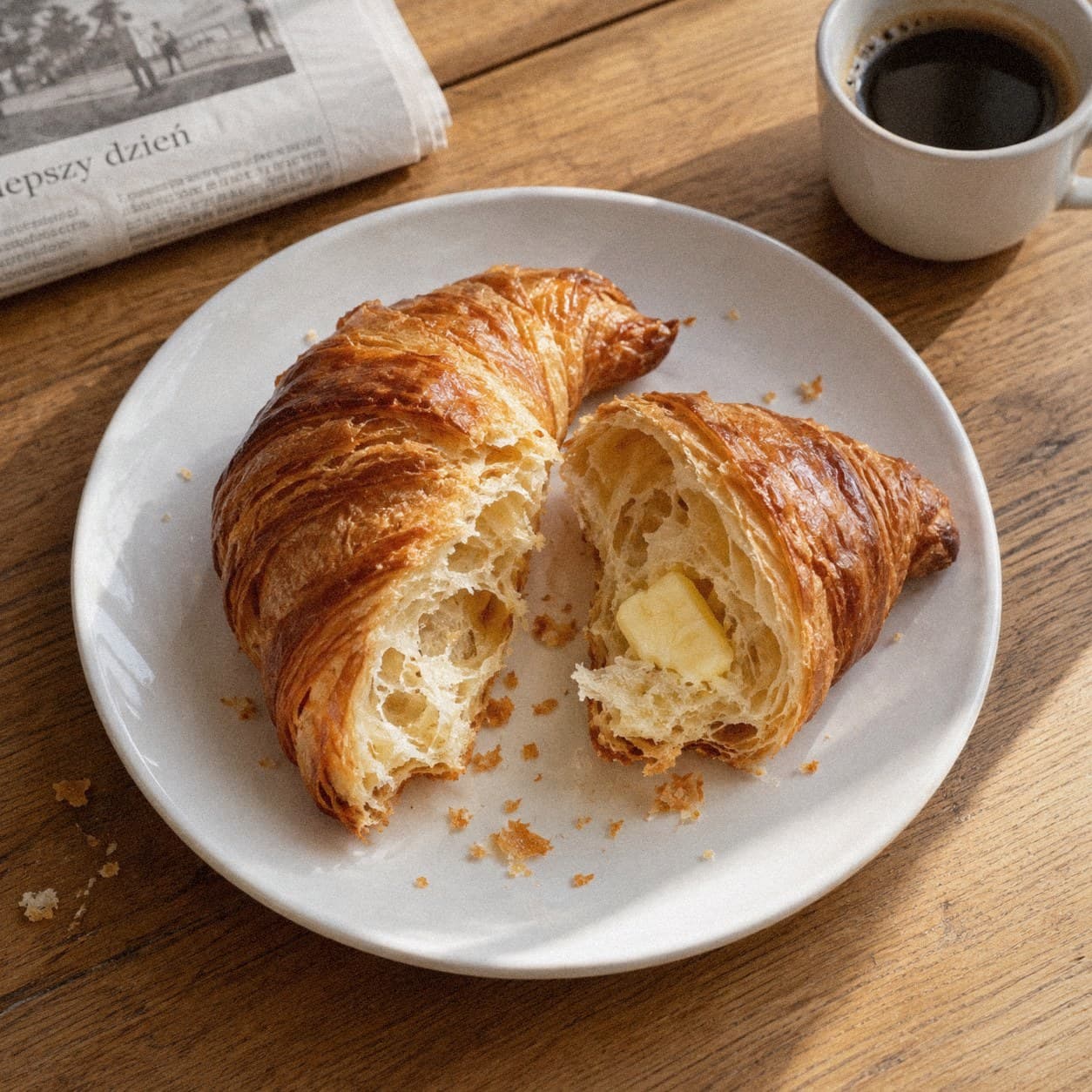 Croissanty ×2 na stole, gotowy do jedzenia